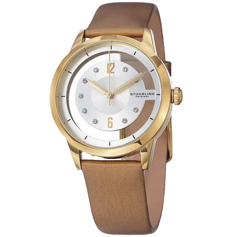 Stuhrling Original Womens 946L 03 Winchester Swarovski Crystal Accented 23k Gold Layered Watch with Champagne Leather Band