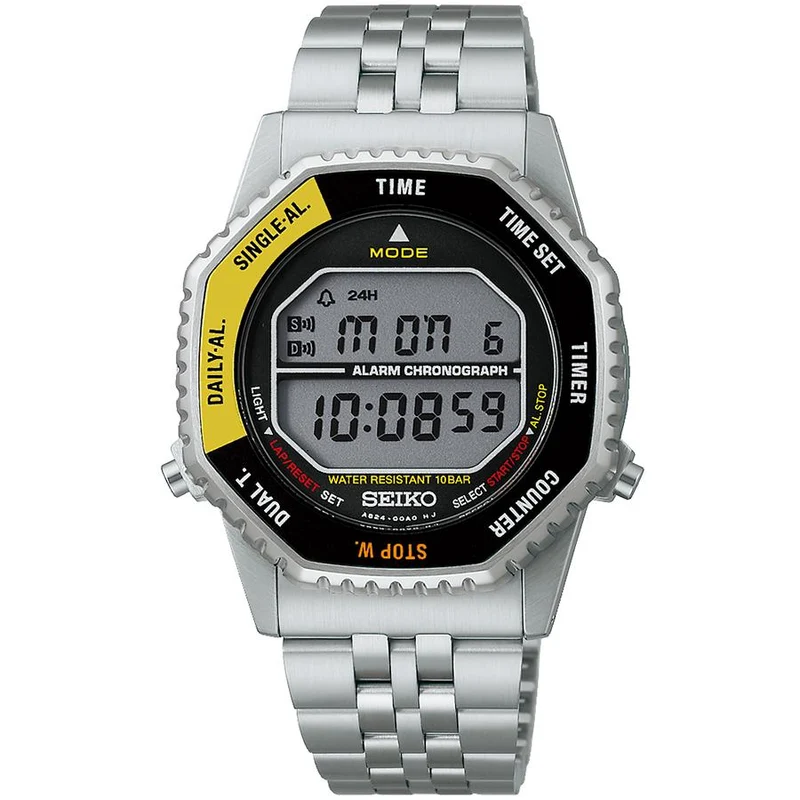 Seiko Selection A829 Rotocall Reissue Astronaut SBJG017 Orologio digitale al quarzo da uomo a batteria, in nero e giallo, uscito il 14 novembre