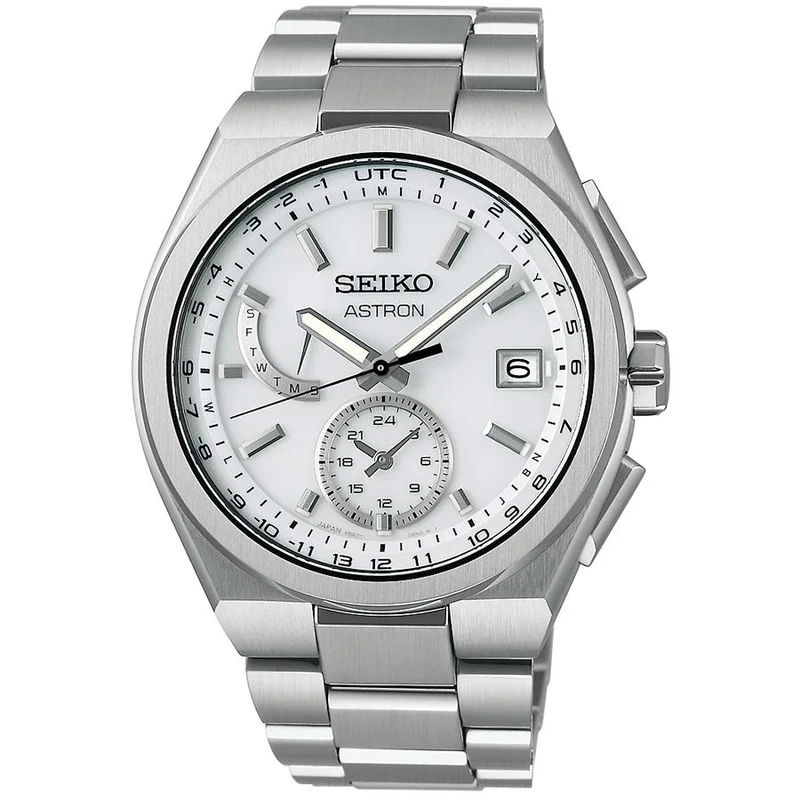 Orologio da uomo Seiko Astron Nexter SBXY085 con radiocontrollo a energia solare e funzione ora mondiale, quadrante bianco, titanio