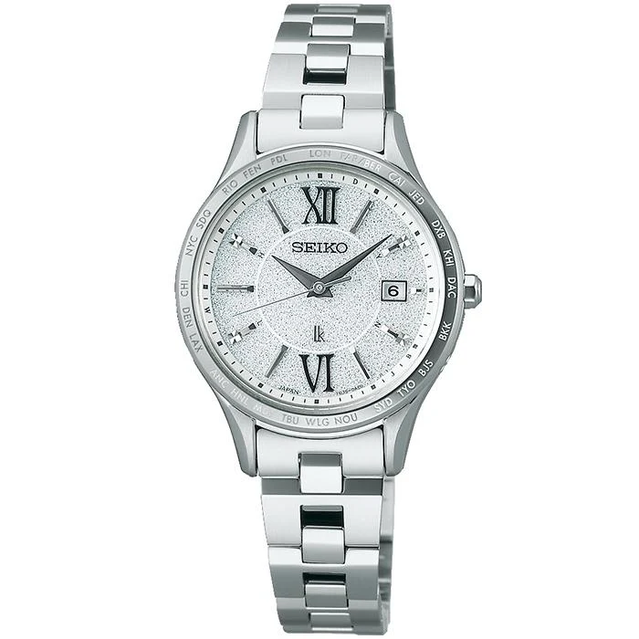 Orologio da donna Seiko Lukia Standard Collection SSVV081, controllo solare radio, ora mondiale, tutto argento