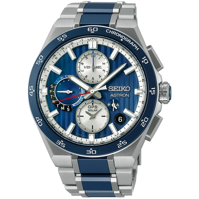 Orologio da uomo Seiko Astron Nexter Dual Time Chronograph SBXC181 con energia solare, GPS, radio satellitare, titanio, esclusivo
