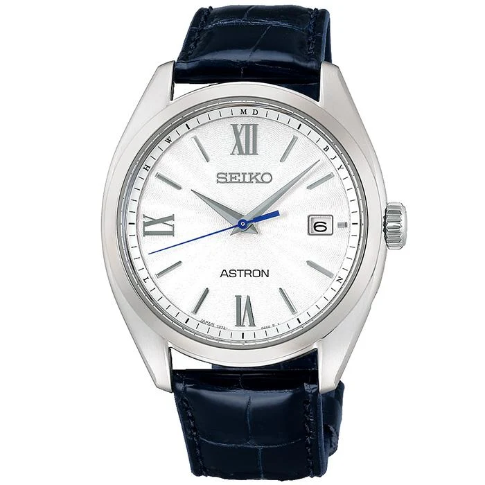 Orologio da uomo Seiko Astron ORIGIN Solar Radiocontrollato a tre lancette modello SBXY035 con cinturino in titanio e pelle di coccodrillo, blu navy [S_BH]
