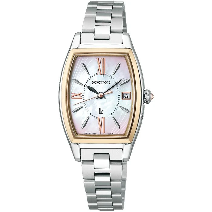 Orologio da donna Seiko Lukia Glow Garnet Glow SSQW076, radiocontrollato a energia solare, design Tonneau, titanio, oro da donna