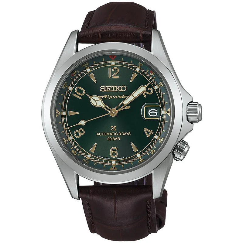 Orologio da uomo Seiko Prospex Alpinist Mechanical 3-Day SBDC211 con quadrante verde e cinturino in pelle, uscito l'8 novembre