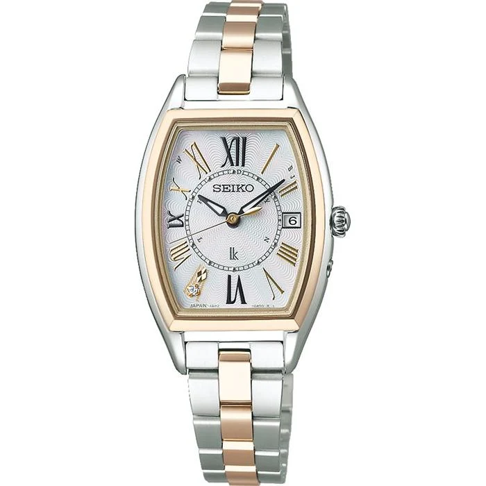 Orologio da donna Seiko Lukia Lady Diamond SSQW052, solare, radiocontrollato, in titanio, resistente all'acqua, con datario, movimento tonneau, quadrante in madreperla con diamanti