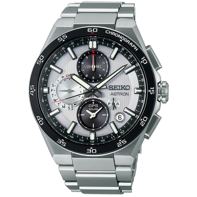 Orologio da uomo Seiko Astron Nexter Dual Time Chronograph SBXC153 con energia solare, GPS, radio satellitare, modello esclusivo in titanio