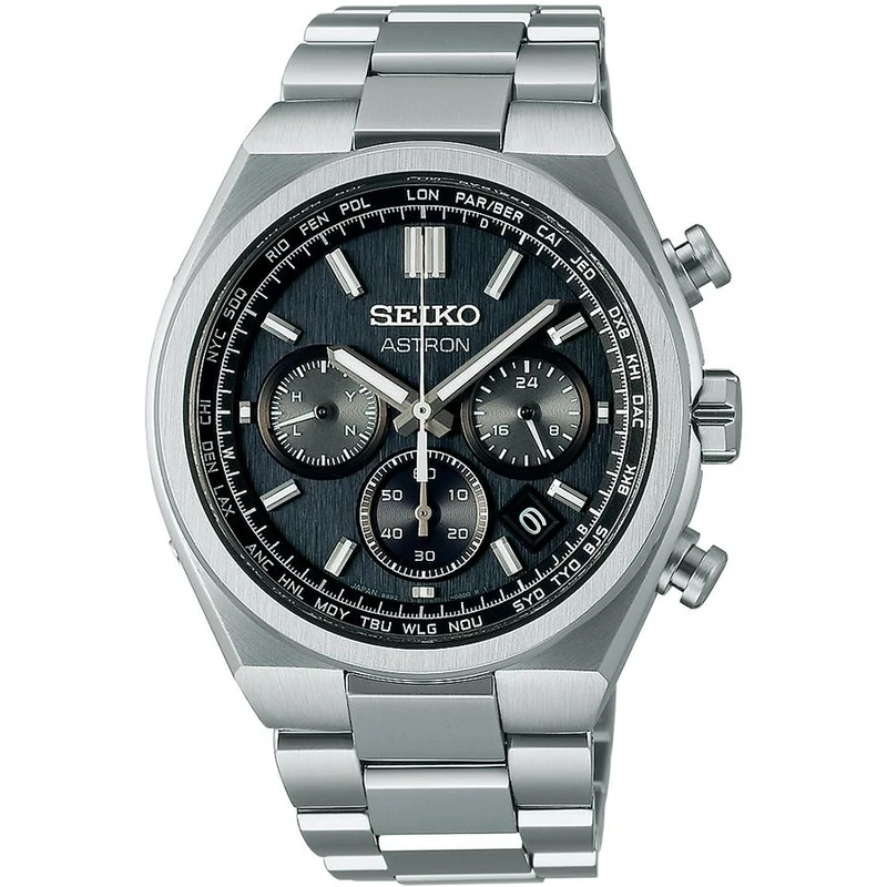 Orologio da uomo Seiko Astron Nexter World Time Chronograph SBXY097 con carica solare, radiocontrollato, in titanio e quadrante nero