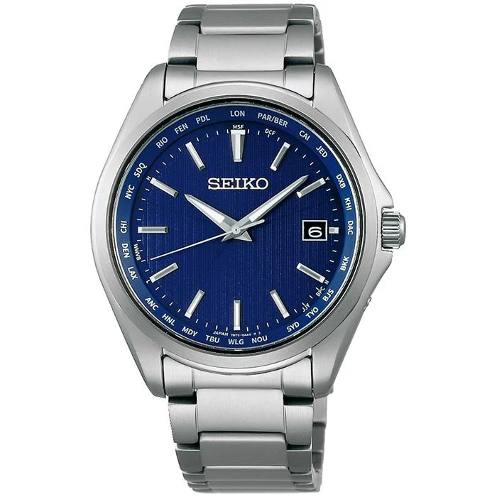Orologio da uomo Seiko Selection SBTM289 a energia solare e radiocontrollato con calendario mondiale di ora e data, blu