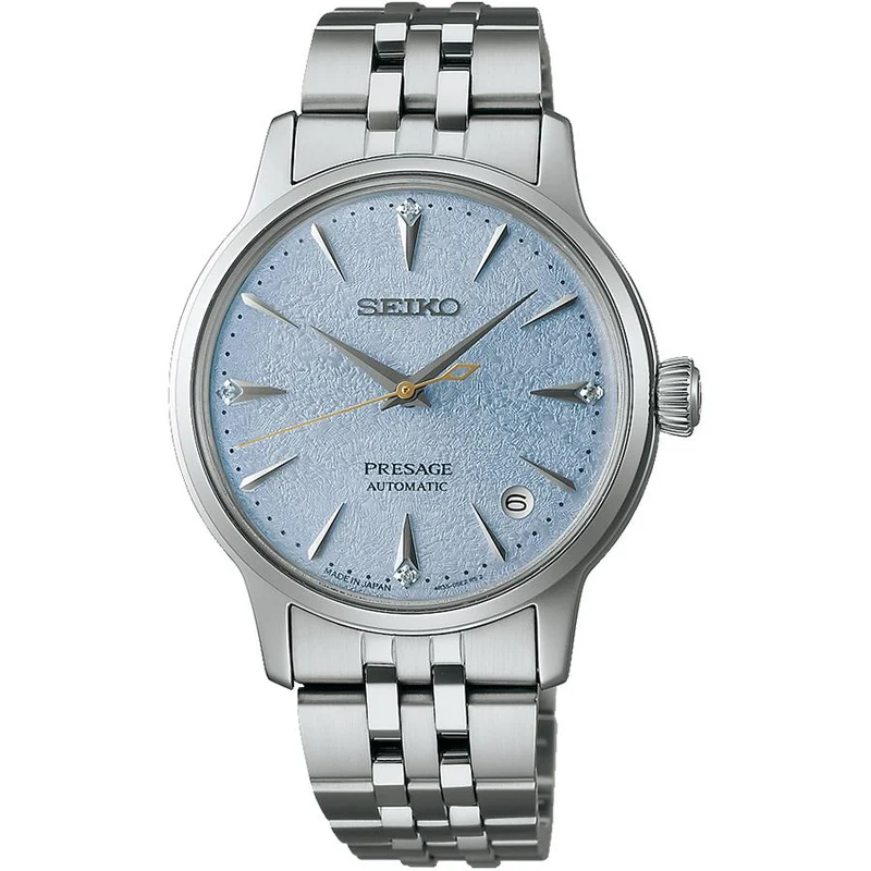 Orologio da donna Seiko Presage Cocktail Time Frozen Skydiving SRRY049 con quadrante azzurro e meccanismo automatico.