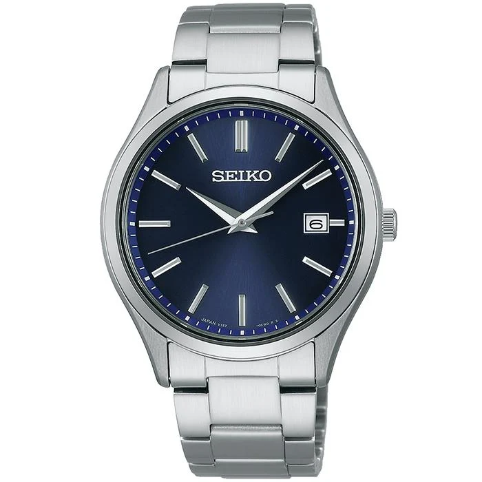 Coppia di orologi da uomo Seiko Selection Serie S SBPX145 a energia solare, con 3 lancette e calendario, colore blu navy.