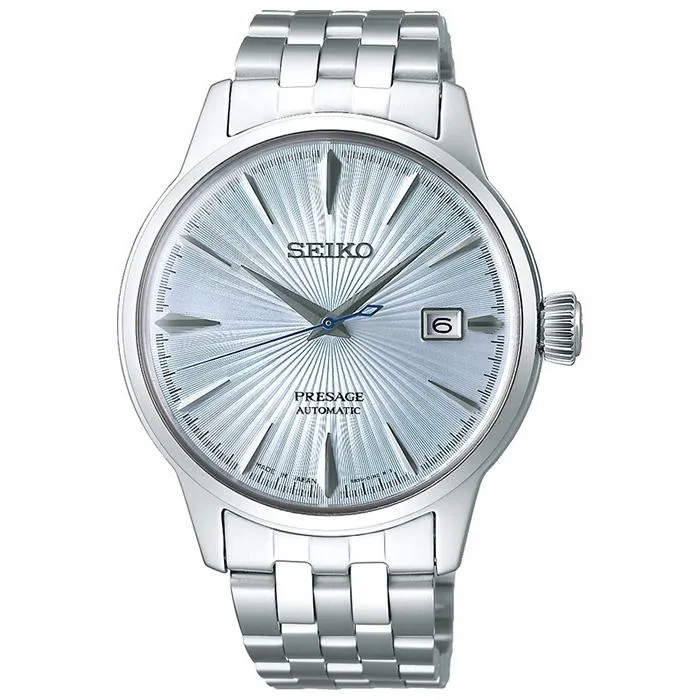 Orologio da uomo Seiko Presage Cocktail Skydiving SARY161 con cinturino in metallo blu ghiaccio, meccanismo automatico e cinturino in metallo.