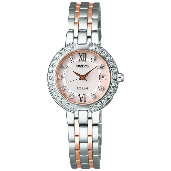 Orologio da donna Seiko Dolce & Exceline SWCW085 a energia solare e radiocontrollato, con quadrante rosa e diamanti.