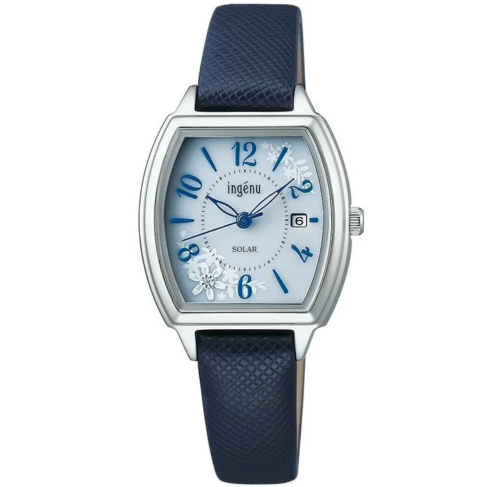Orologio da donna Alba Angenie Diamond Lily AHJD438 Solar Tonneau con quadrante blu e cinturino in pelle