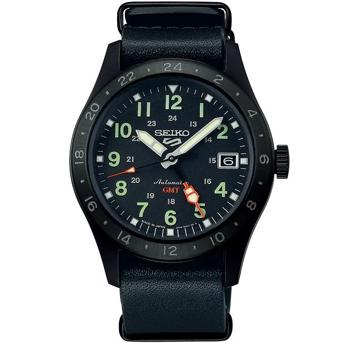 Orologio da uomo Seiko 5 Sports Field GMT Street Style (SBSC013), meccanico automatico con cinturino in pelle nera.