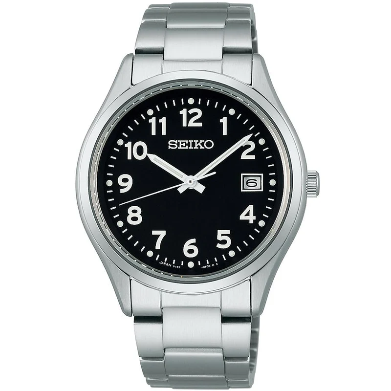 Orologio da uomo Seiko Selection Serie S SBPX155 a energia solare, con tre lancette e numeri arabi, quadrante nero.