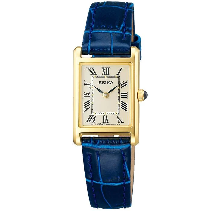 Orologio da donna al quarzo SEIKO SELECTION nano・universe Collaboration Model SSEH004 JDM con quadrante blu e cinturino in pelle blu.
