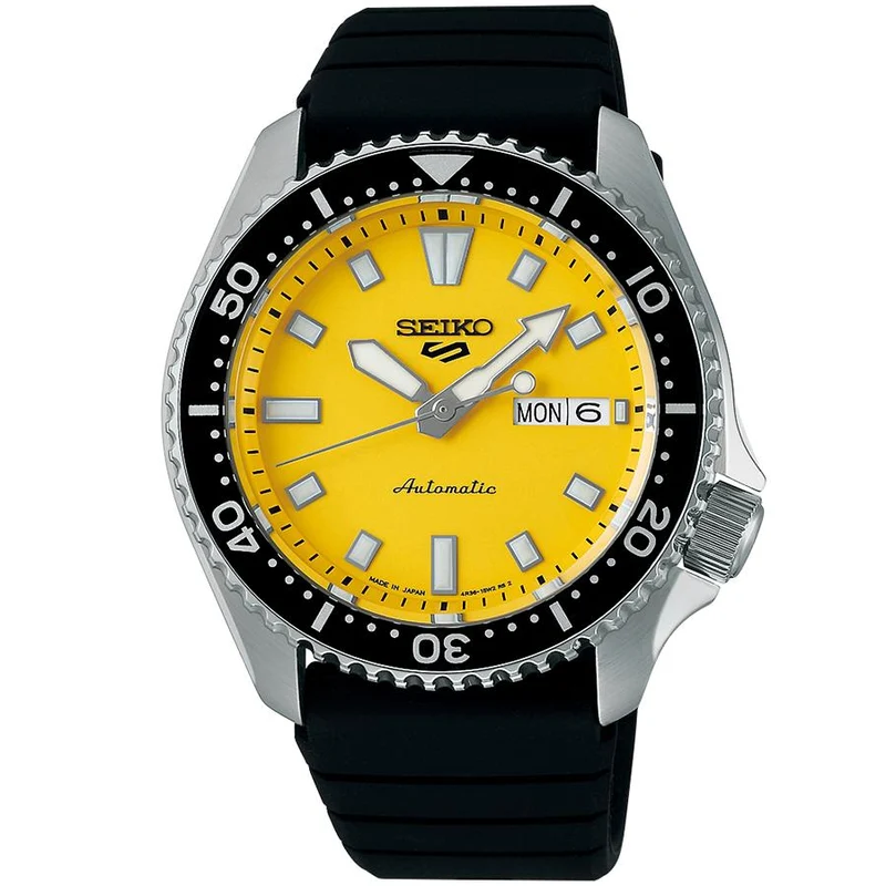 Orologio automatico da uomo Seiko 5 Sports SKX Series SKX399 Homage Design SBSA307 con quadrante giallo e cinturino in silicone.