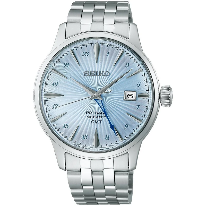 Orologio da uomo meccanico automatico Seiko Presage Cocktail Time GMT Skydiving SARY241 con cinturino in metallo azzurro.