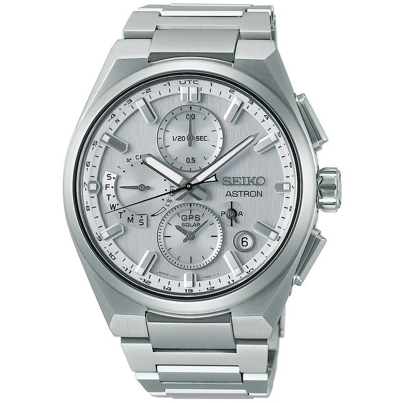 Orologio da uomo Seiko Astron Nexter Dual Time Chronograph SBXC159 con energia solare, GPS, radio satellitare e quadrante argentato