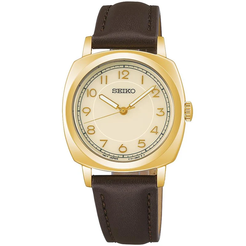 Orologio da donna Seiko Selection The Steady Shop Exclusive modello STPX104 con movimento solare, quadrante avorio a cuscino e cinturino in pelle, disponibile dal 21 novembre.