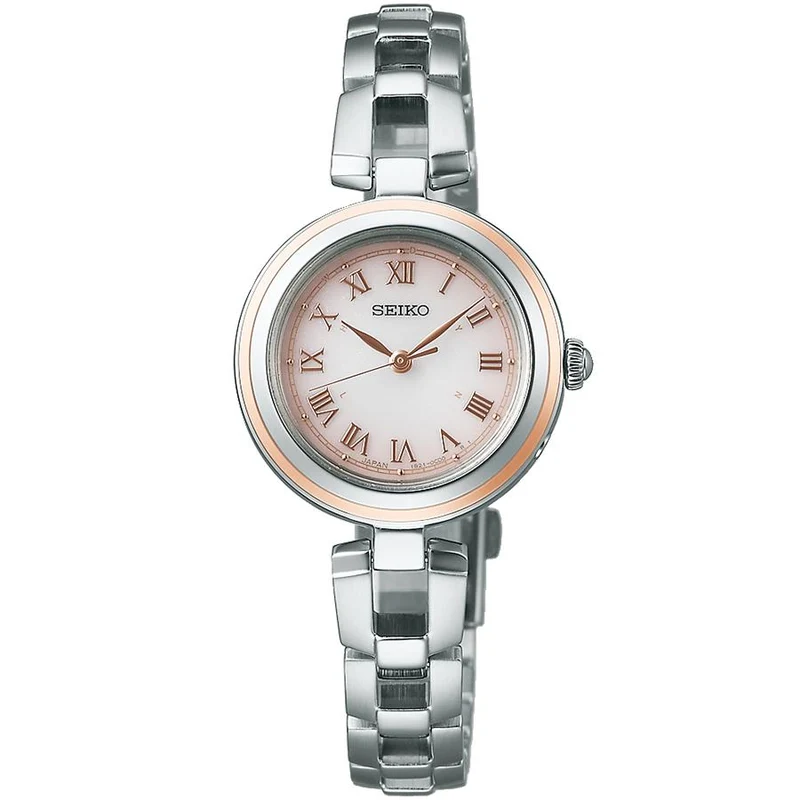 Orologio da donna Seiko Selection S Series SWFH146, a energia solare, radiocontrollato, tre lancette, numeri romani, quadrante rosa baby