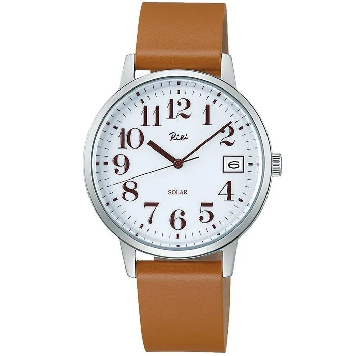 Orologio Alba Riki Standard Solar modello AKPD402 da uomo e da donna con quadrante bianco e cinturino in pelle.