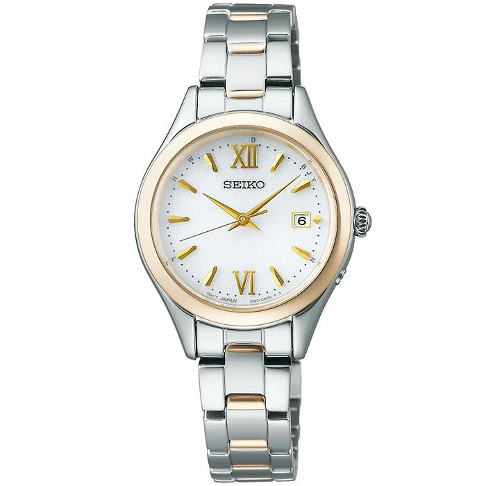 Orologio da donna Seiko Selection Serie S SWFH134 a energia solare e radiocontrollato, con 3 lancette, quadrante rotondo bianco e cinturino in metallo.