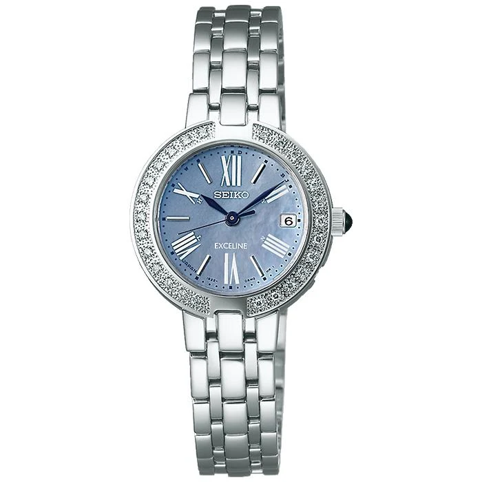 Orologio da donna Seiko Dolce & Exceline SWCW007 a energia solare e radiocontrollato, con cassa tempestata di diamanti e quadrante in madreperla.