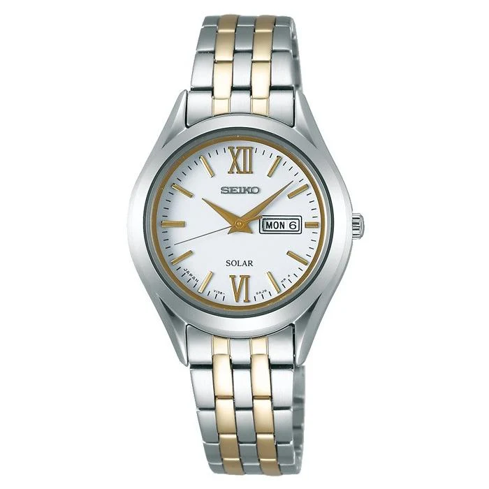 Orologio solare da donna Seiko Selection Spirit con cinturino in metallo, bianco, modello STPX033, confezione da due.