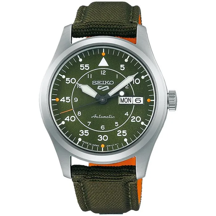 Orologio da uomo Seiko 5 Sports Field Street Style SBSA141, meccanico automatico con cinturino in nylon, verde.