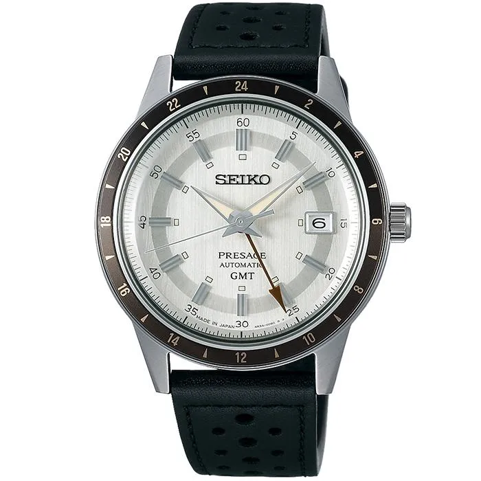 Orologio da uomo Seiko Presage Style 60's GMT SARY231 meccanico automatico con cinturino in pelle, grigio sabbia.