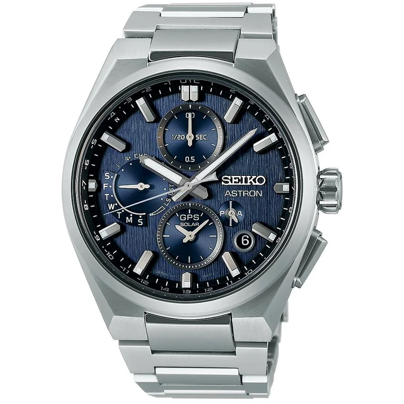 Orologio da uomo Seiko Astron Nexter Dual Time Chronograph SBXC161 con energia solare, GPS, radio satellitare e quadrante blu