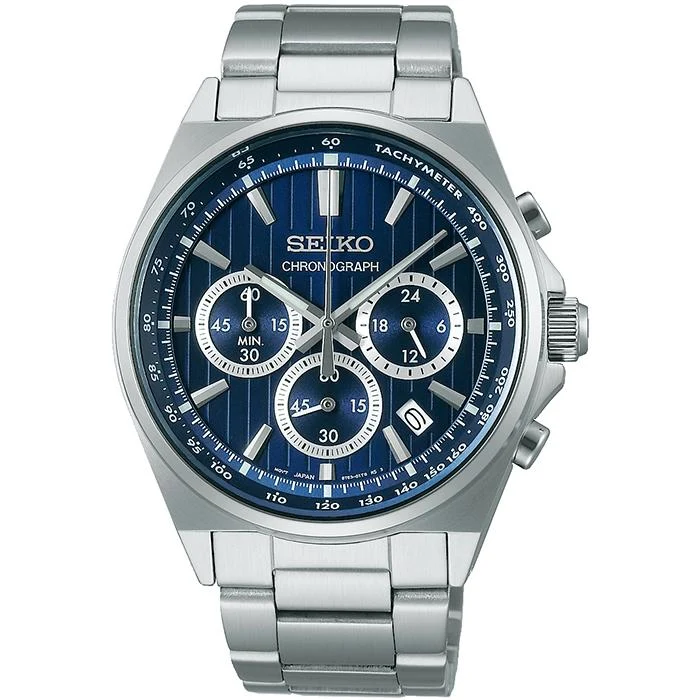 Orologio cronografo al quarzo da uomo Seiko Selection Serie S 8T Chrono SBTR033 con quadrante blu e alimentazione a batteria.