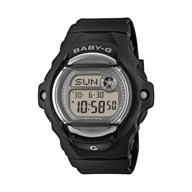 Orologio digitale da donna CASIO BABY-G BG-169KB-1JF con quadrante glitterato JDM e protezione frontale nera.