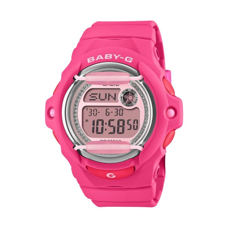 Orologio digitale da donna CASIO BABY-G BG-169KB-4B1JF JDM con quadrante glitterato e protezione frontale rosa.