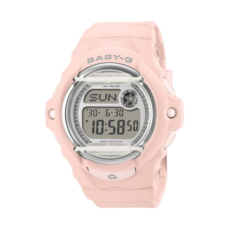 Orologio digitale da donna CASIO BABY-G BG-169KB-4JF JDM con quadrante glitterato e protezione frontale rosa.