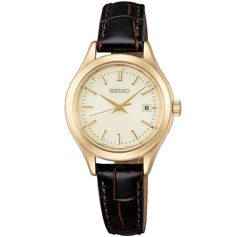 Orologio da donna elegante SEIKO SELECTION Serie S HFE004J JDM con radio solare, quadrante dorato e cinturino in pelle marrone, prodotto in Giappone.