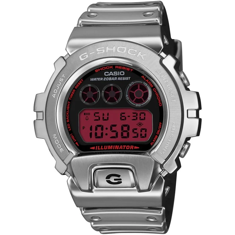 Orologio da uomo CASIO G-SHOCK GM-6900YRA-8JF Fine Metallic Series con display rosso e lunetta in metallo argentato.