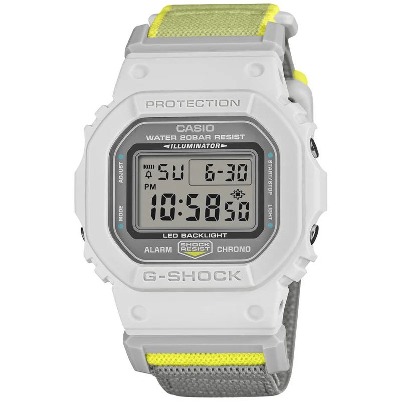 Orologio digitale CASIO G-SHOCK DW-5600MNC-7A8JF con cinturino magnetico e display LCD invertito.