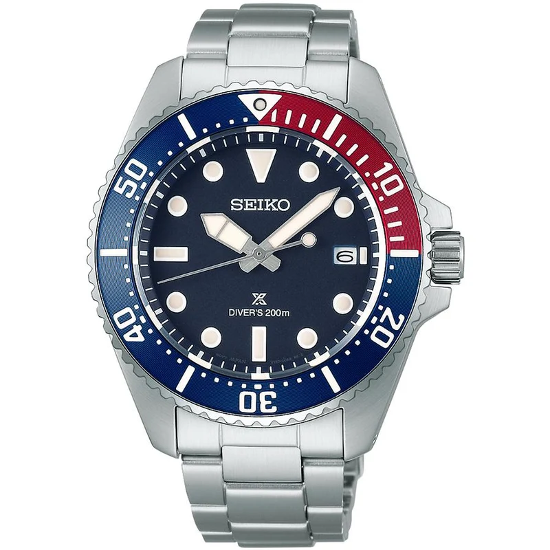 Orologio da uomo Seiko Prospex Diver Scuba Solar SBDJ061, quadrante blu navy, lunetta color Pepsi