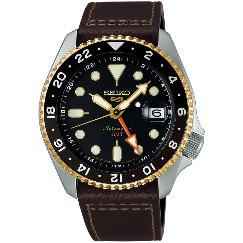 Orologio automatico da uomo Seiko 5 Sports SKX Sports Style GMT modello SBSC020 con quadrante nero e cinturino in pelle.