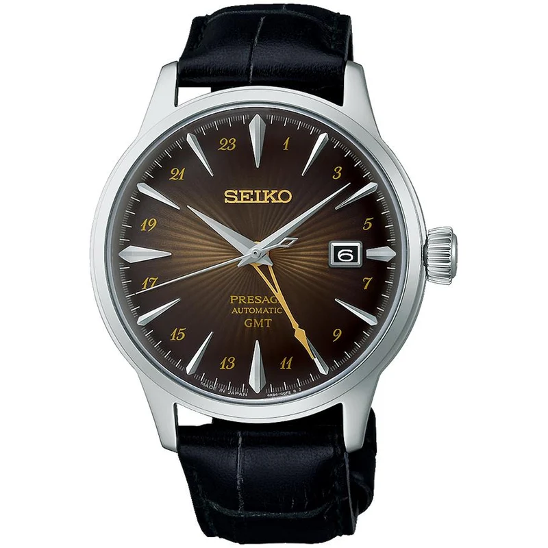 Orologio da uomo meccanico automatico Seiko Presage Cocktail Time GMT Rusty Nail SARY243 con cinturino in pelle marrone scuro