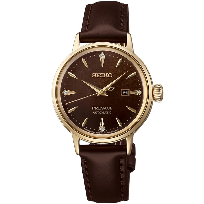 Orologio da donna Seiko Presage Cocktail Time Jamaican Coffee SRRW008 con movimento meccanico automatico e cinturino in pelle marrone.