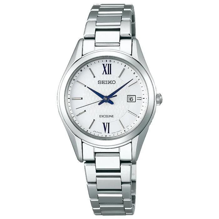 Coppia di orologi Seiko Dolce & Exceline a energia solare e radiocontrollati SWCW145 da donna con cinturino in titanio bianco