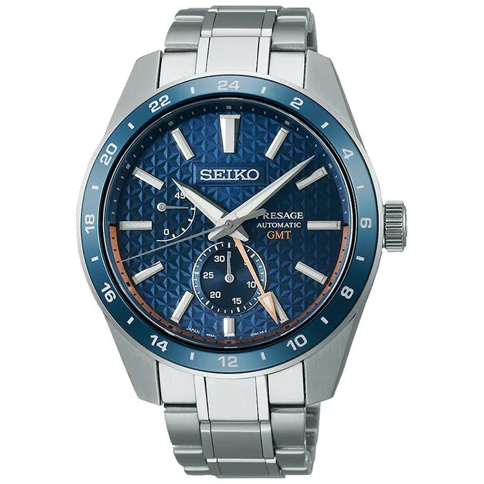 Orologio meccanico da uomo Seiko Presage Sharp Edged Series GMT SARF001 con quadrante a motivo foglia di canapa, blu, modello esclusivo.
