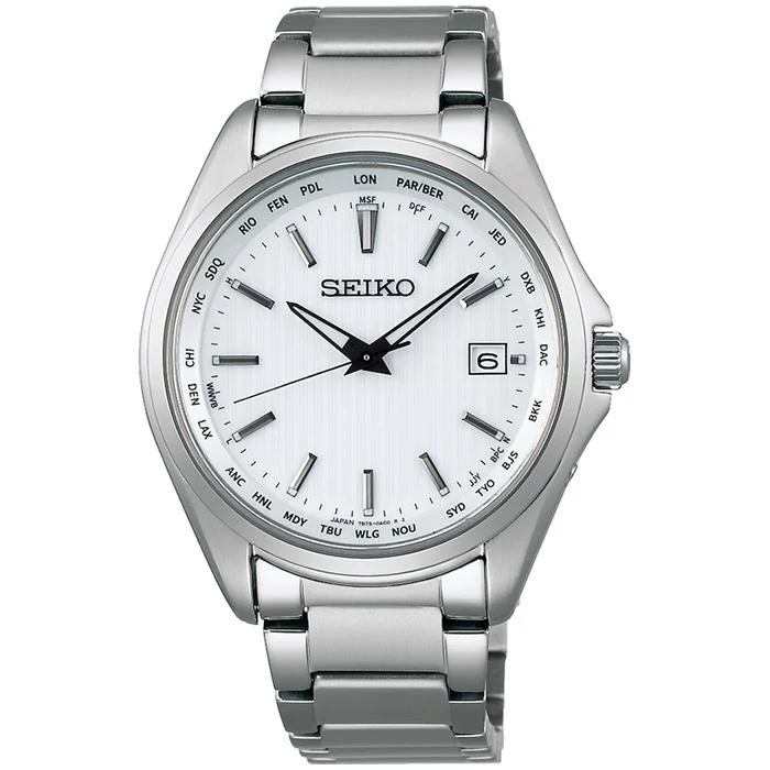 Orologio da uomo Seiko Selection SBTM287 a energia solare e radiocontrollato con calendario mondiale di ora e data, bianco.