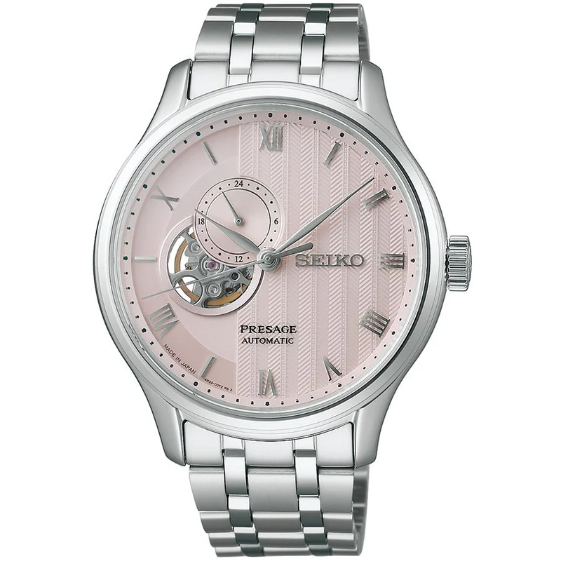 Orologio da uomo meccanico automatico Seiko Presage Japanese Garden Sand Motif Kyoto Cherry Blossom SARY261 con movimento a vista, colore rosa pallido.