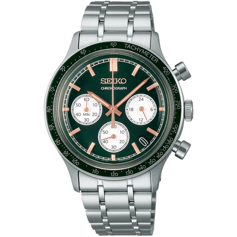 Orologio cronografo al quarzo da uomo Seiko Selection Serie S International Line 8T Chrono SBTR057 con quadrante verde e alimentazione a batteria.