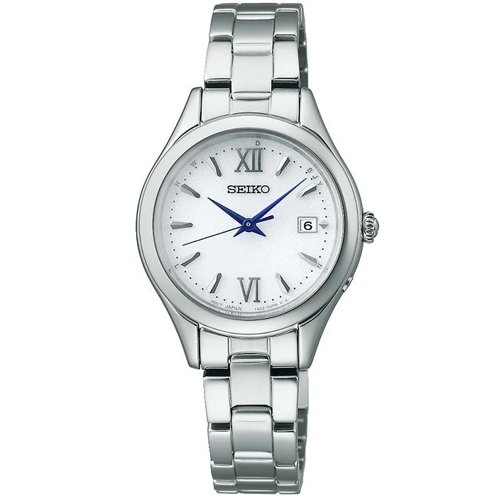 Orologio da donna Seiko Selection Serie S SWFH129 a energia solare e radiocontrollato, con 3 lancette, quadrante rotondo bianco e cinturino in metallo.