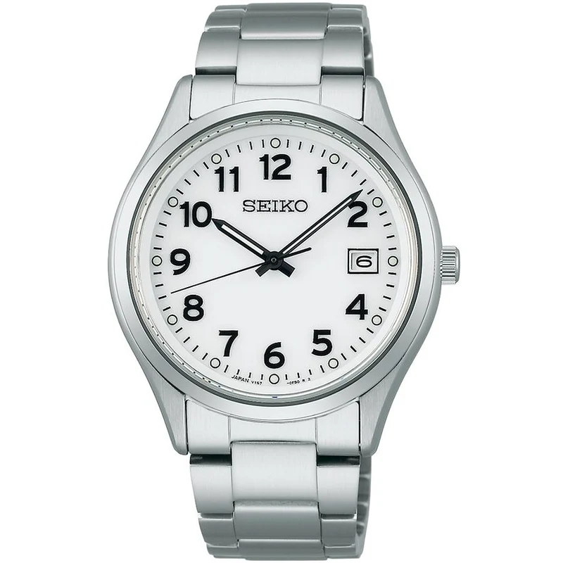 Orologio da uomo Seiko Selection Serie S SBPX153 a energia solare, con tre lancette e numeri arabi, quadrante bianco.